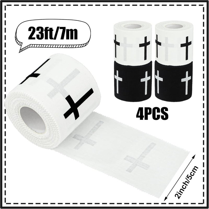 Fairooth 4 Pcs Christian Athletic Tapes Religious Sport Tape with Cross White Black Cross Athletic Wrist Tapes for Sports Gymnastics Tennis Baseball Boxing Athlete First Aid Injury Wrap, 2inx23ft - Image 2